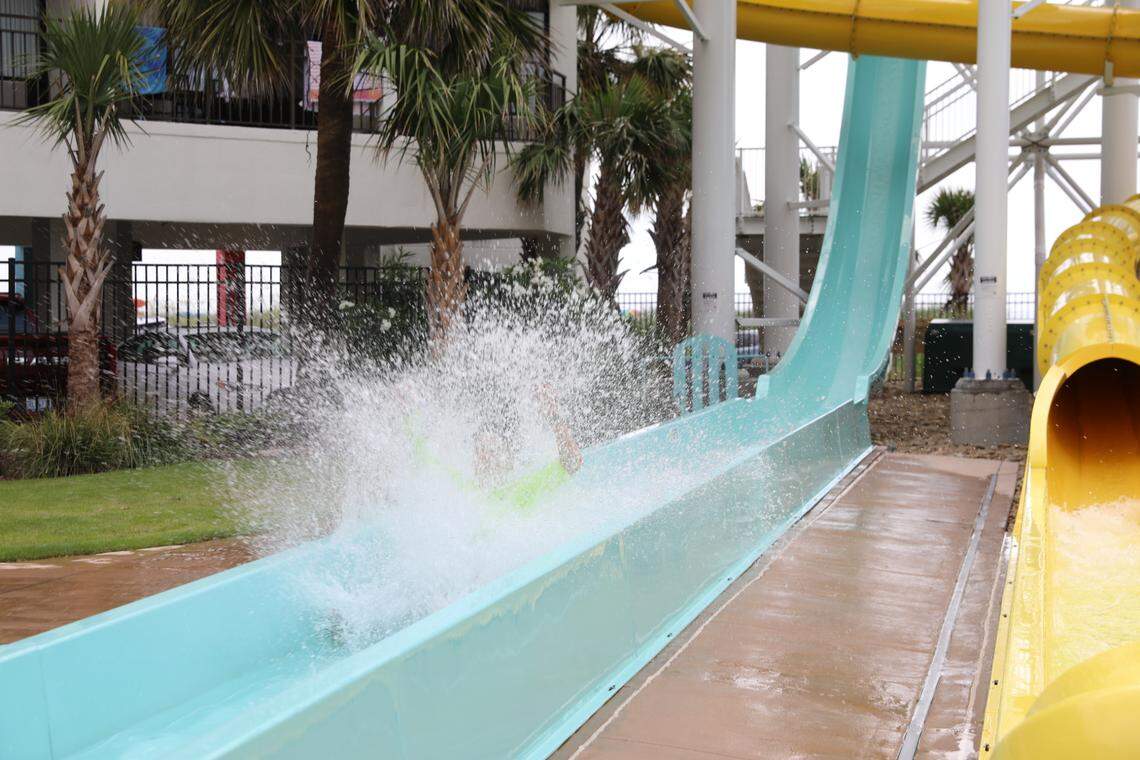 A pool guest slides down the drop slide at The Ellie. The hotel was renovated in 2024 and 2025, with a new pool area being constructed and all hotel rooms getting a revamp. The name was also changed to reflect a historic Myrtle Beach figure. July 3, 2025
