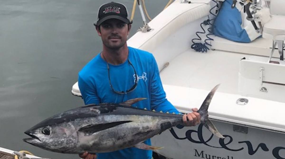 Capt. Buddy Smith of Underdog shows off a 45-pound yellowfin tuna caught out of Murrells Inlet on a July 7 trip.
