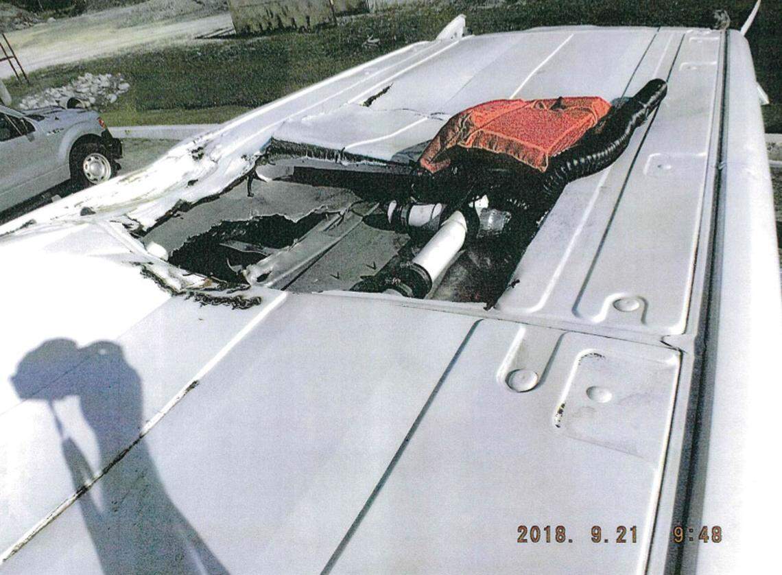 The top of a Horry County Sheriff’s transport van shows where rescues cut into the vehicle. It is unclear if the holes were cut during a Sept. 18 rescue of the day after as crews worked to remove two mental health patients that drown.