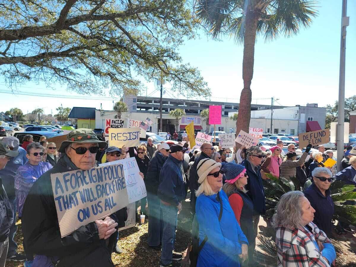 Protesters carried signs criticizing President Donald Trump, his administration and billionaire Elon Musk at a demonstration outside Myrtle Beach City Hall on Monday, Feb. 17, 2025.
