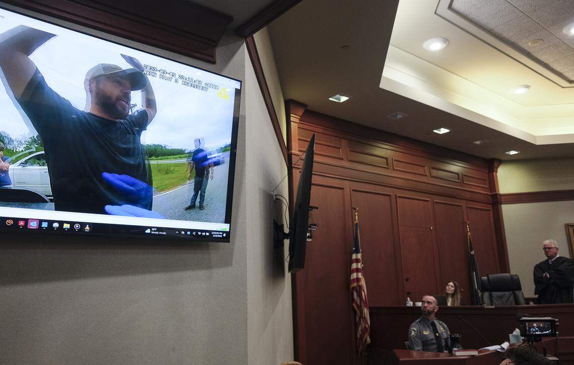 Body-cam footage of Weldon Boyd is shown during day two of testimony in the Stand Your Ground case being held in Horry County Court on Wednesday. The hearing was held for Weldon Boyd, owner of Buoys on the Boulevard, and Kenneth “Bradley” Williams in the shooting death of Scott Spivey. Boyd and Williams have been named in a wrongful death lawsuit by the Spivey family in his shooting death nearly three years ago. The hearing will determine if the pair are granted immunity under South Carolina’s Stand Your Ground law.