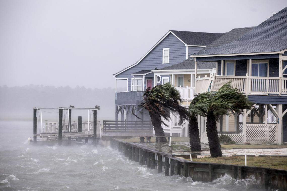 Waves lash the seawall in Cherry Grove Inlet. The effects of Hurricane Florence begin to come ashore in North Myrtle Beach, S.C. on the morning of Friday, September 14, 2018.