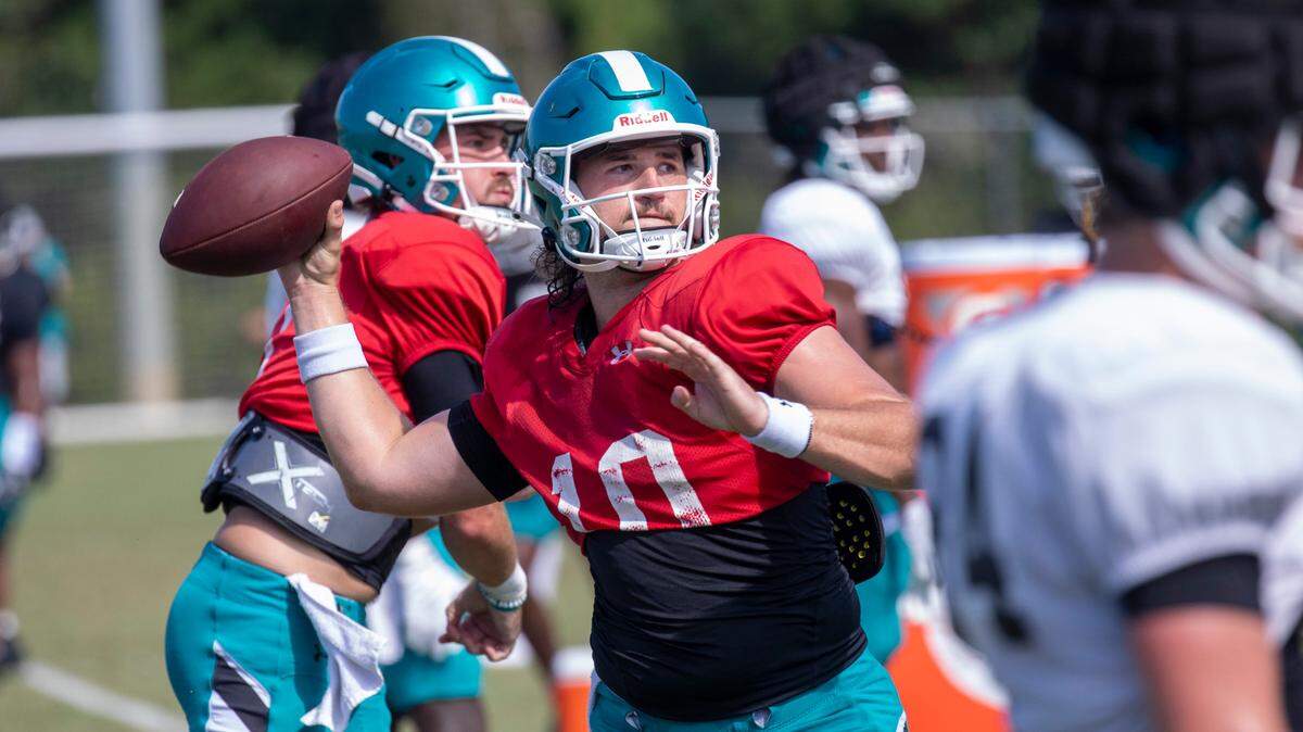 Coastal Carolina’s Grayson McCall during passing drills. The Coastal Carolina football team have begun practice in preparation for their first game of the 2023 season which starts September 2 at UCLA in Pasadena, California. Aug. 9, 2023.