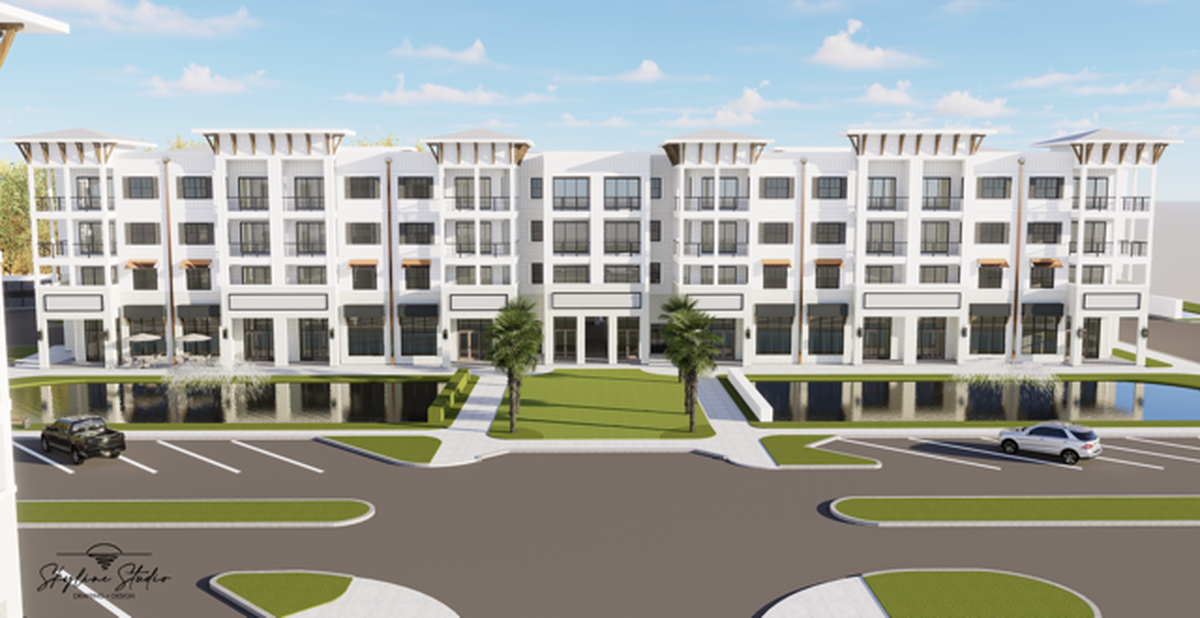 A rendering of the Exchange at Sunset Grove, a new luxury apartment complex with storefronts planned for North Myrtle Beach.
