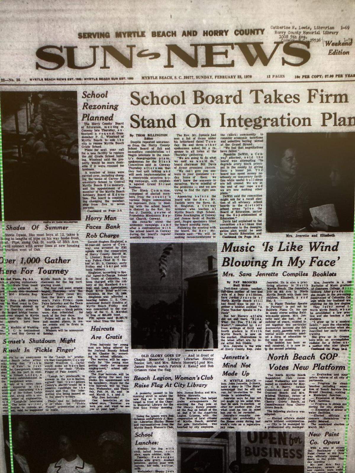 A Sun News archive from February 1970 describes plans for the coming full integration of public schools in Horry County.