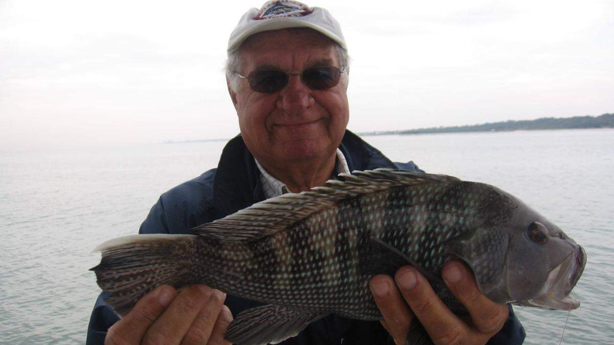 Charlie Nash of Garden City Beach shows off a black sea bass caught on a live-bottom area just offshore of Myrtle Beach. As the water cools in autumn, keeper black sea bass above the 13-inch minimum size limit move into shallower water.