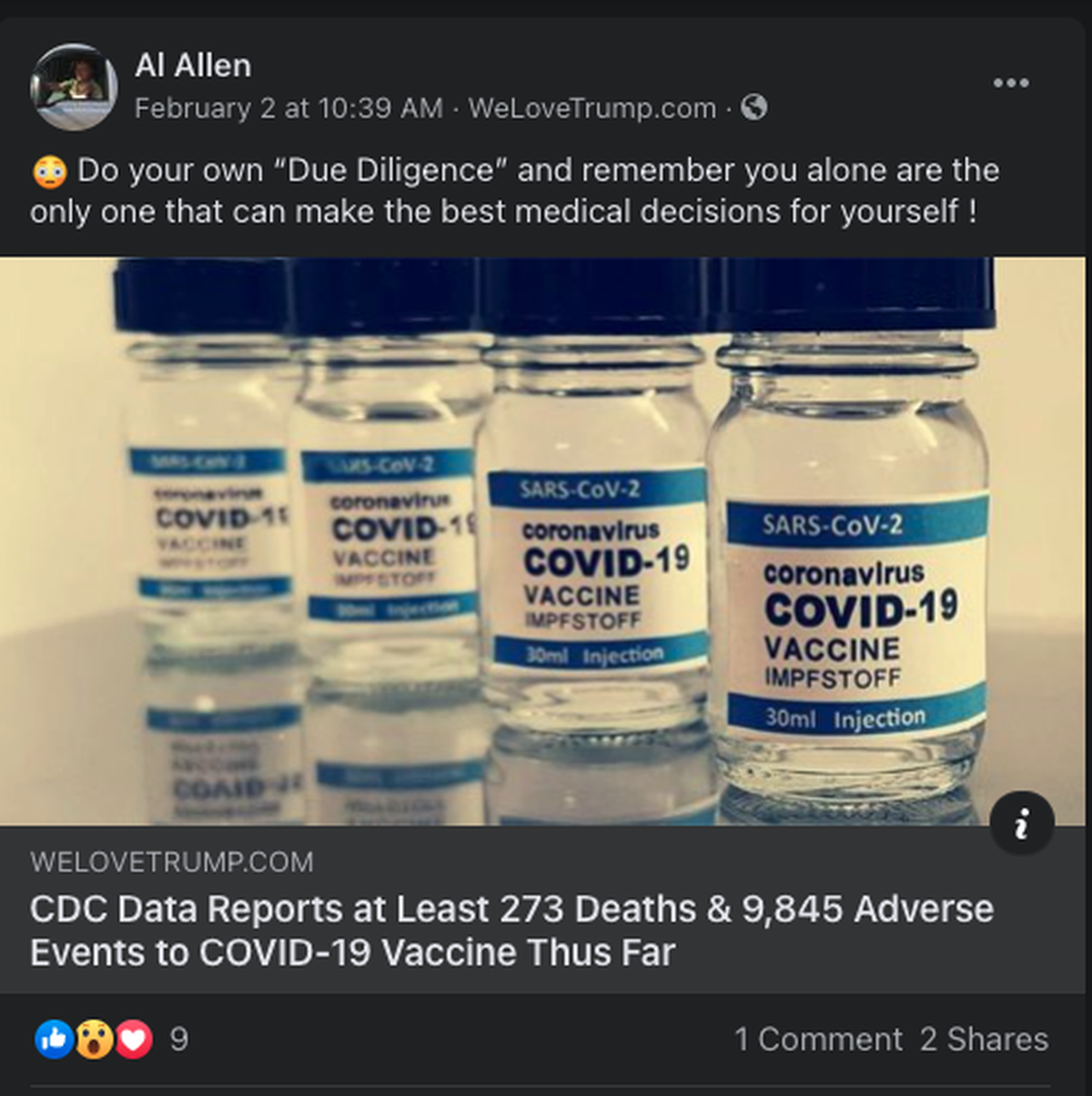 In a Feb. 2 Facebook post, Horry County Council member Al Allen shared an article from welovetrump.com that made a false connection between the COVID-19 vaccine and adverse events.