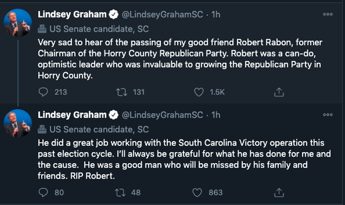 In a Friday tweet, Sen. Lindsey Graham offered his remembrances of longtime Horry County GOP chairman Robert Rabon.
