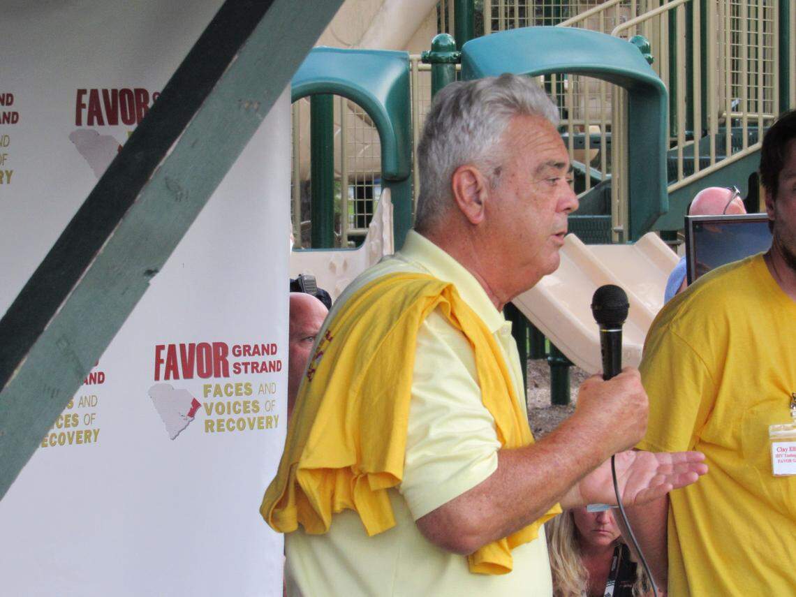 Robert Edge, who has served as Horry County coroner for more than 30 years, speaks to a small gathering Aug. 31, 2021 at Collins Park in Conway for International Overdose Awareness Day.
