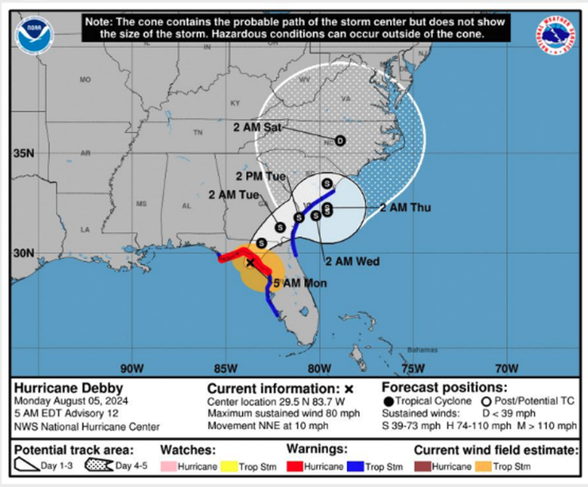 The National Weather Service’s forecast path of Tropical Storm Debby, according to its Monday, Aug. 5, 2024, storm briefing. A storm could end up in a specific weather phenomenon called a ‘Col’, making predicting the storm’s path more difficult.