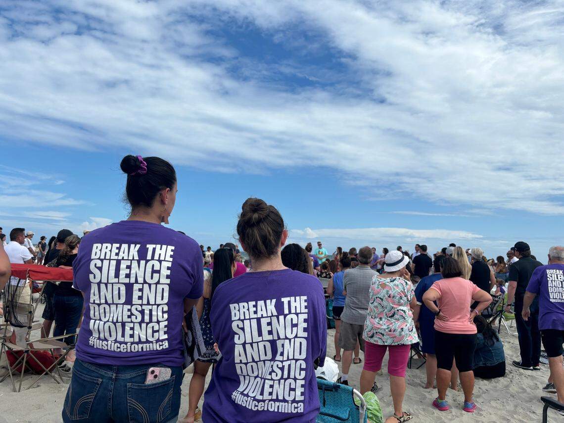 Friends and family gathered on the beach in North Myrtle Beach Sunday, May 5, 2024, to conduct a memorial for Mica Miller, who was found dead in a North Carolina state park. Her death has gained national attention. She was married to John-Paul Miller, the pastor of Solid Rock Church in Myrtle Beach.