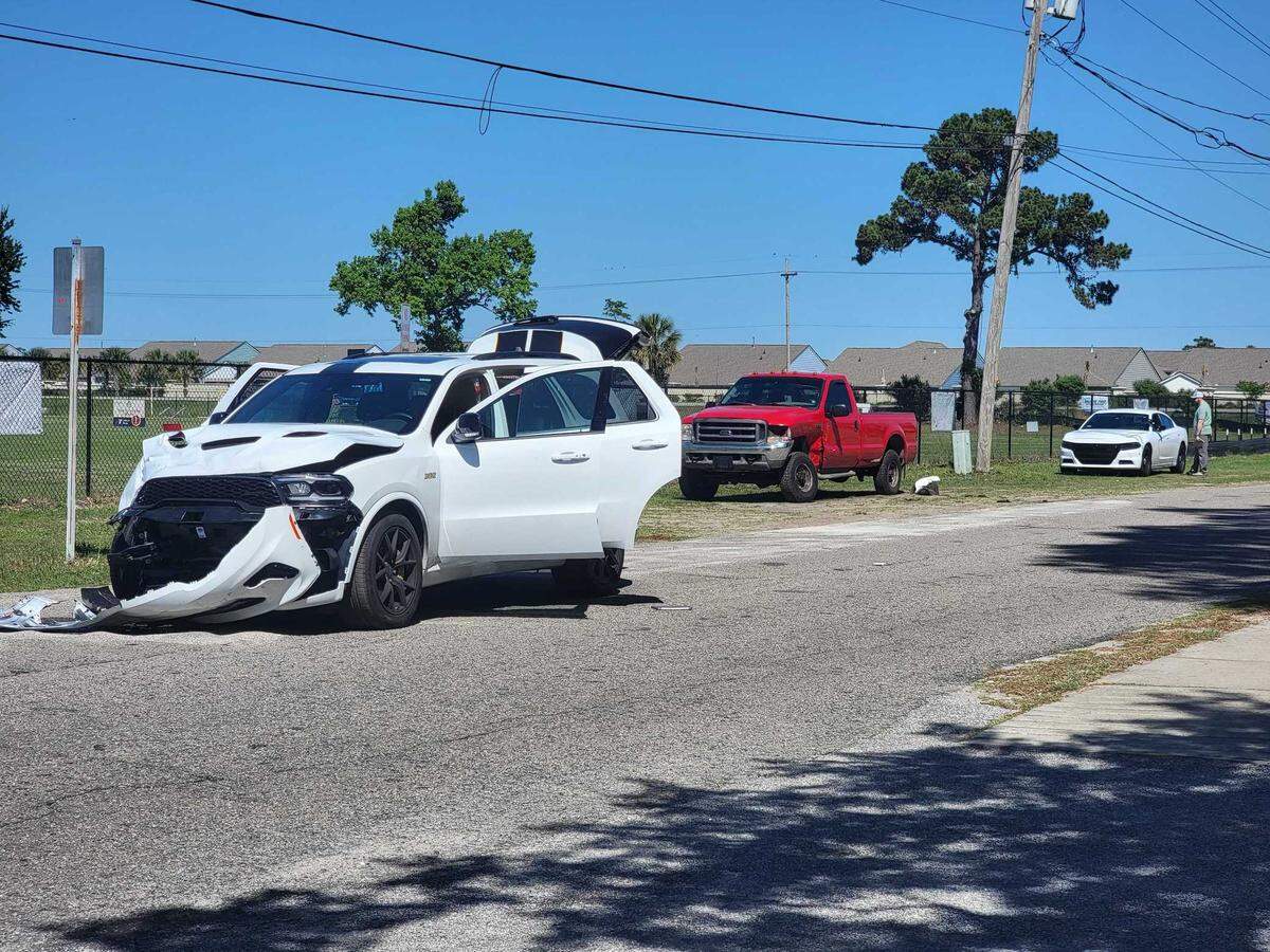 Myrtle Beach Police and Horry County Police are investigating a crash that happened after four masked men fired gun shots at officers during a high speed chase Thursday, May 22, 2025. The chase started near Farrow Parkway in Market Common in Myrtle Beach, SC.
