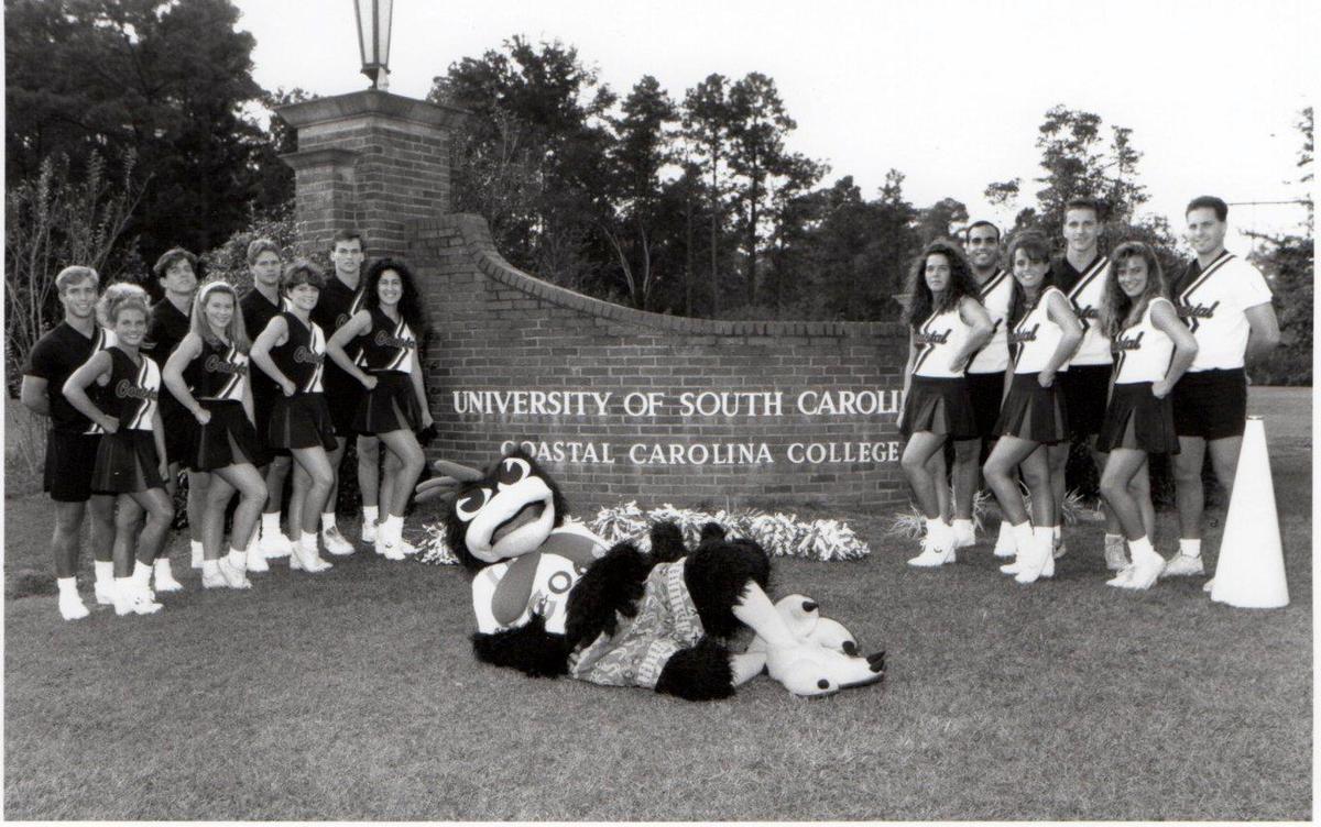 Marc Gura, a 1992 Coastal Carolina University alumnus is pictured here as the first student to serve as the Chanticleer mascot “Chauncey.” A scholarship has been started in his name as he battles brain cancer.