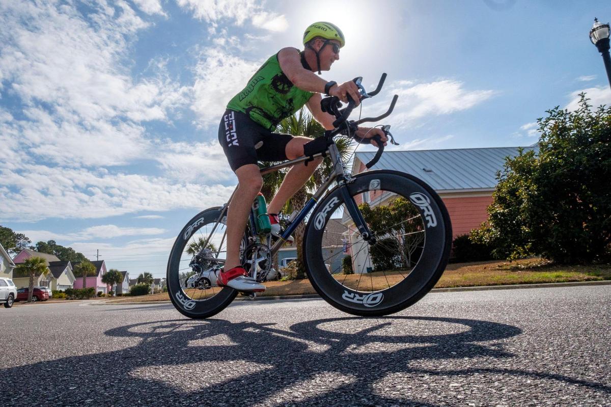 Dr. James Mahaffey, age 64, of Surfside Beach, SC trains in preparation for the 2021 Ironman Triathlon World Championship to be held in St. George, Utah in May. The race will be Mahaffey’s 33rd full distance Ironman Triathlon, which consists of a 2.4 mile swim, 112 mile bike, and 26.2 mile marathon run. February 04, 2022.