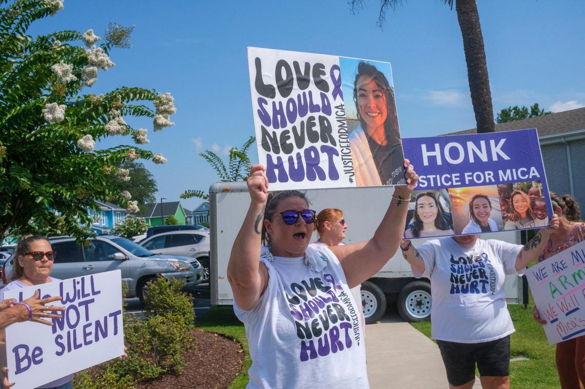 Protestors line up outside of Solid Rock Ministries church in Market Common shouting “Justice for Mica.” Mica Miller, the wife of pastor John-Paul Miller, died from apparent suicide on April 27, 2024 but accusations of domestic abuse and theories about the nature of her death are wide spread on the internet and on social media. July 14, 2024.