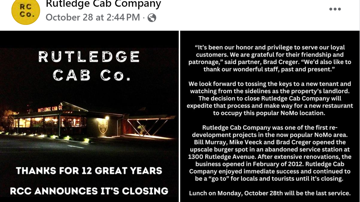 A screenshot of the announcement Rutledge Cab Company shared to Facebook.