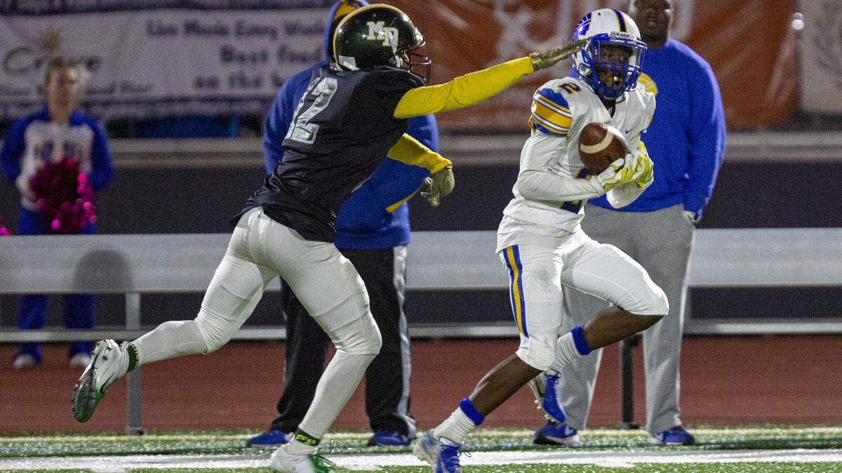 North Myrtle Beach Chiefs receiver Zyer Belle catches a pass from quarterback Cason McClendon against the Myrtle Beach Seahawks when the teams met in a Region 6-4A contest on Oct. 25 at Doug Shaw Memorial Stadium. All five playoff teams from the region won last week.