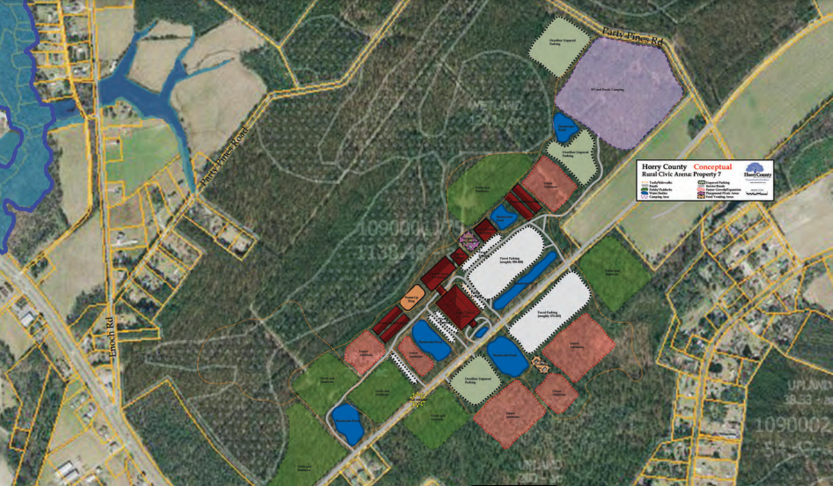 One of the proposed sites and design plans for the Horry County Rural Civic Arena, near 501, as presented to a committee of county officials on Friday. The county is considering eight possible locations. 