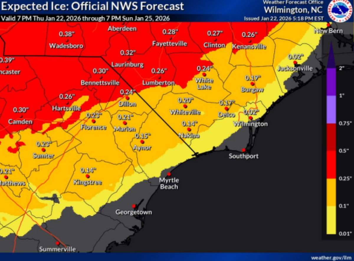 An updated version he National Weather Service’s most likely scenario prediction for ice coverage, released Friday afternoon. The new model shows ice accumulation moving slightly closer to coastal areas.