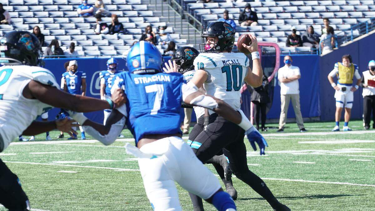 Grayson McCall throws a pass against Georgia State at Center Parc Stadium in Atlanta on Saturday. Oct. 31, 2020