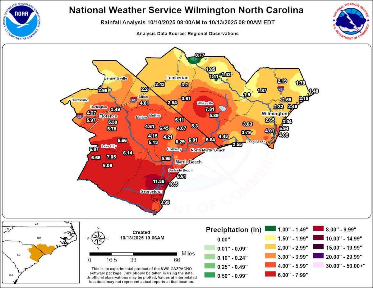 Heavy rain fell on the Grand Strand during a weekend coastal storm, bringing some coastal flooding. Areas of Georgetown received almost a foot of rain.