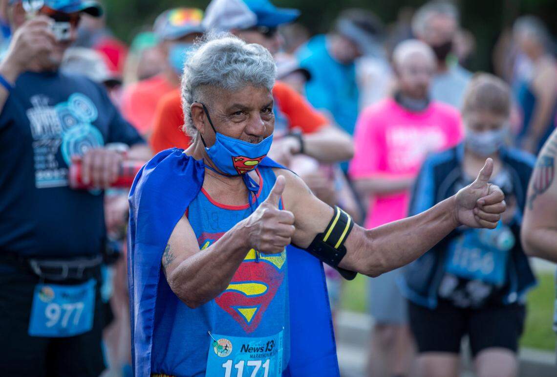 Jose Santos, dressed in his Superman cape, has run in all 24 Myrtle Beach Marathons. The 2021 Myrtle Beach Marathon was held Saturday with several COVID safety precautions in place. Myrtle Beach hosted approximately 3,000 runners in full marathon, half marathon and 5-kilometer races. May 1, 2021.