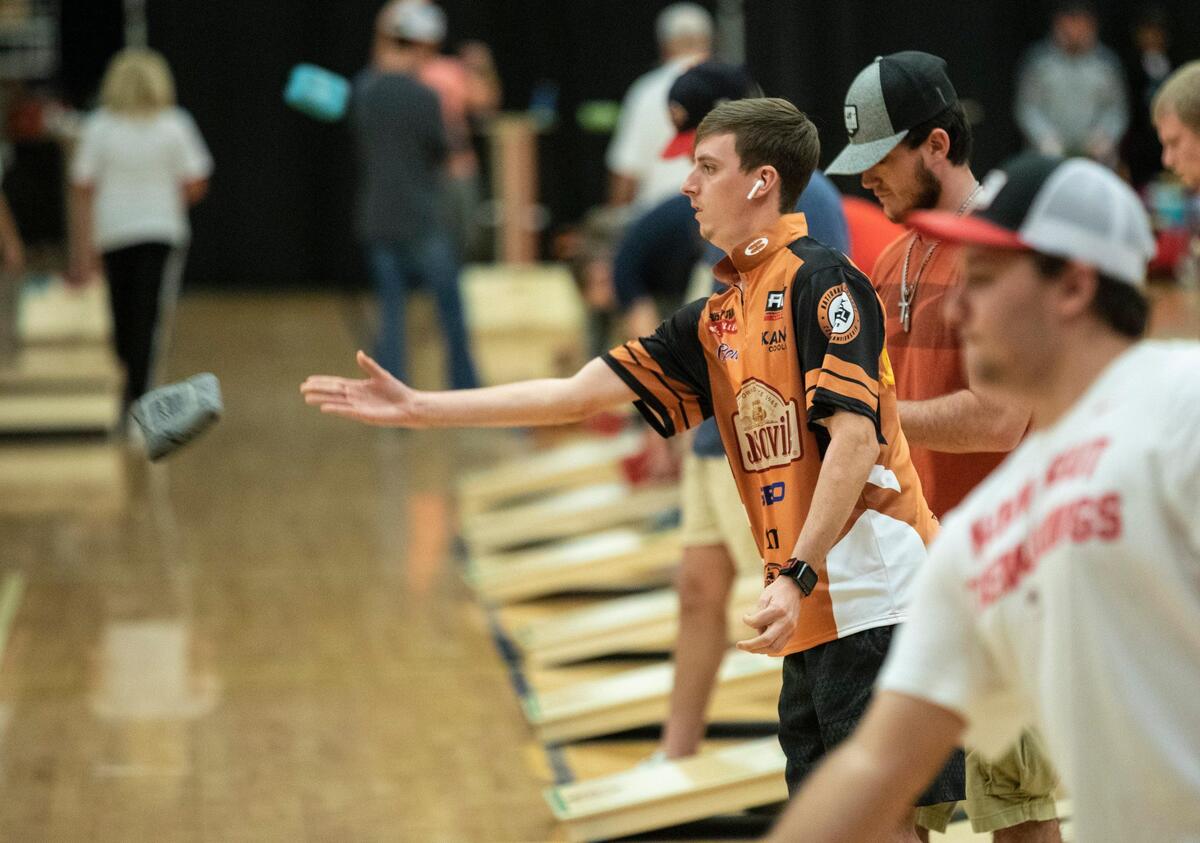 Dustin Travis (pictured) and Branson Oliver of Jacksonville State compete in the National Corn Hole College Championship being held this weekend at the Myrtle Beach Sports complex. The pair won the doubles division last year and are hoping to repeat their performance.