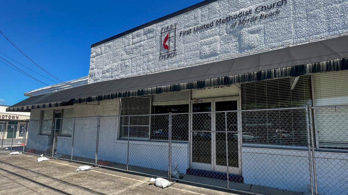 The music center for the First United Methodist Church at 9th Avenue North in Myrtle Beach has been fenced off. April 8, 2024.