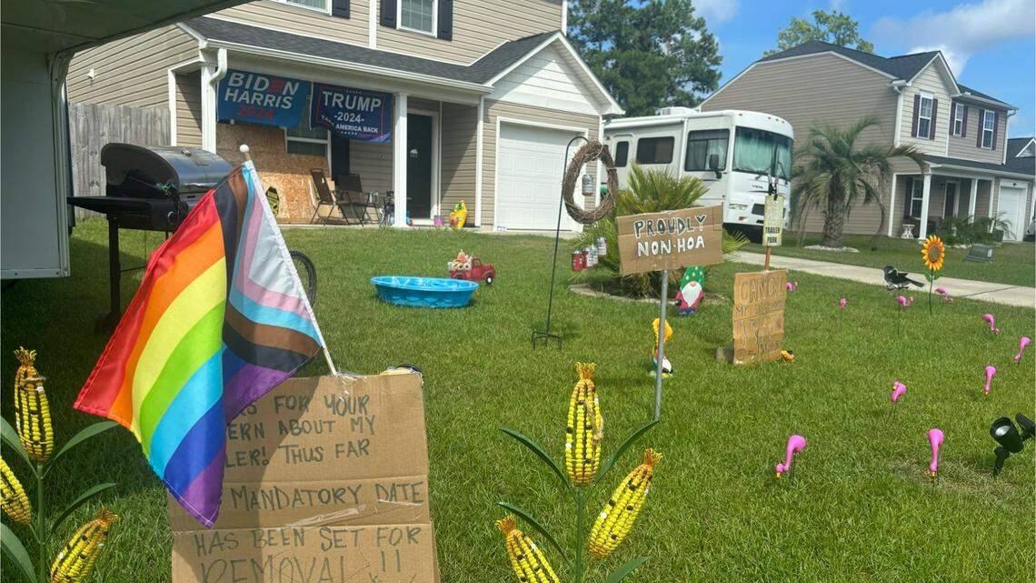 This Little River house has continually added lawn decorations to demonstrate their property rights after dealing with HOA problems for years. The house is next to but not in an HOA. July 9, 2024
