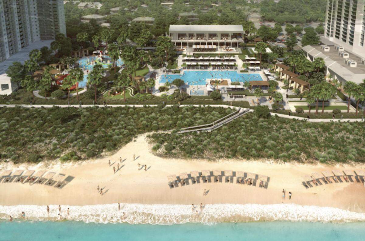 A rendering of the upgrades to the Embassy Suites by Hilton Myrtle Beach Oceanfront Resort in Arcadian Shores, including a new waterfront beer garden and a new pool.
