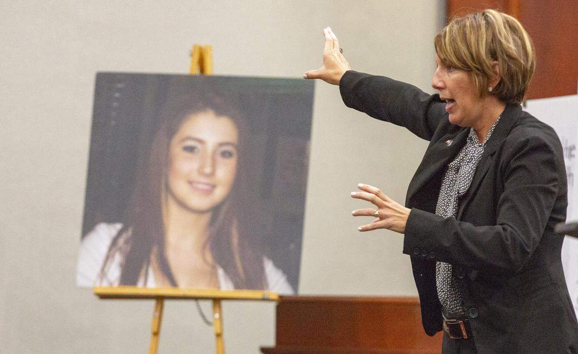 Senior Assistant Solicitor Nancy Livesay delivers cloinsg arguments on behalf of the state Monday in the Tammy Moorer trial at the Horry County courthouse. Moorer is being tried for kidnapping and conspiracy in relation to the 2013 disappearance of Heather Elvis.