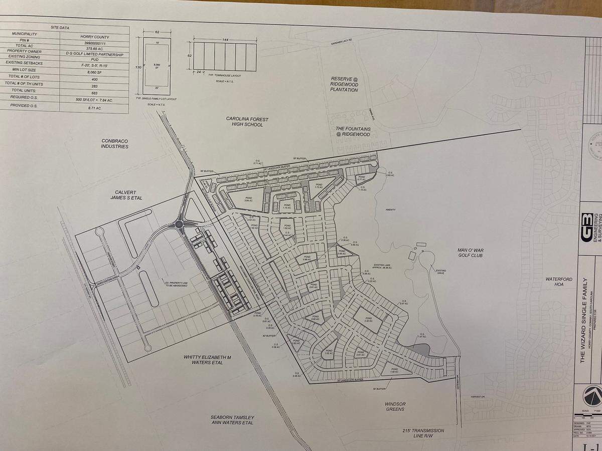 A detailed drawing of plans for redeveloping The Wizard golf course presented at a community meeting in Carolina Forest.