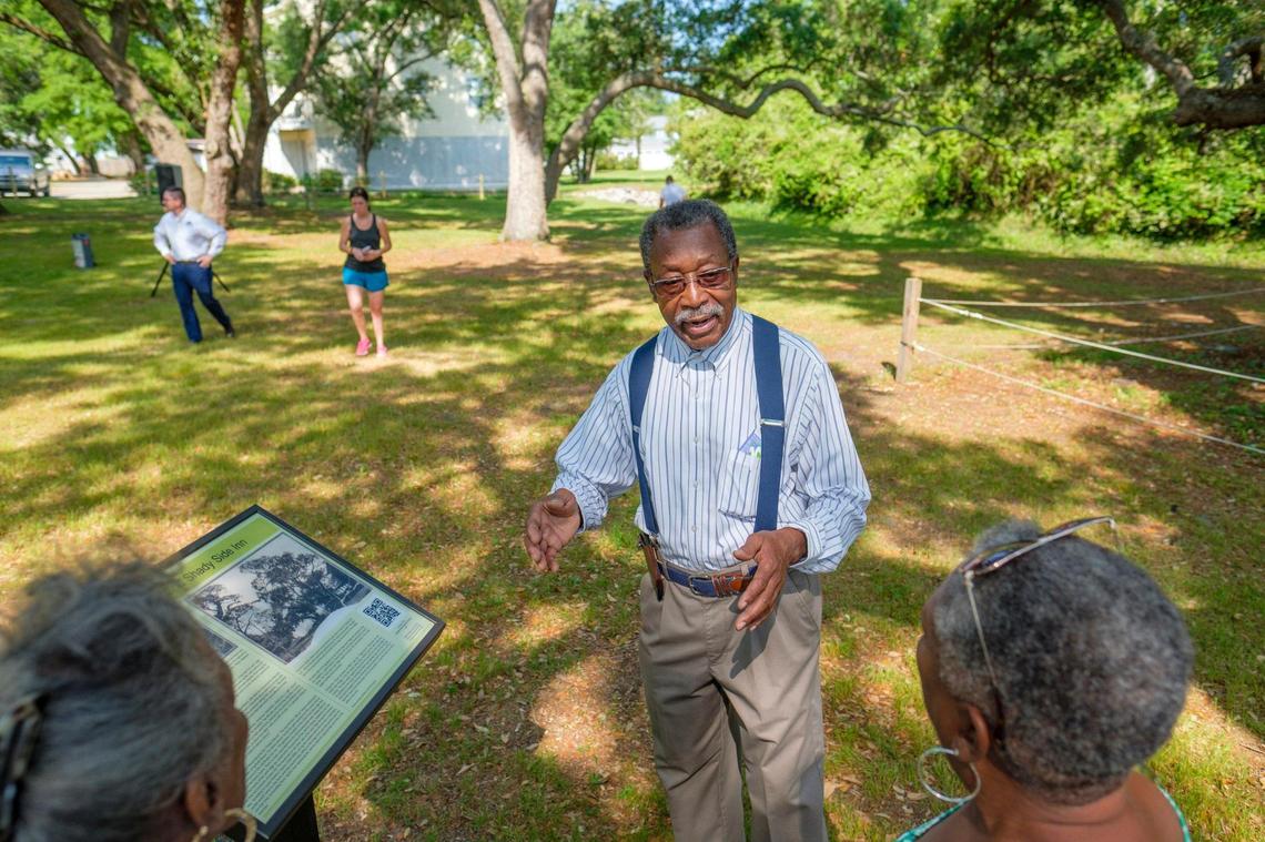 Cad Holmes, a local historian, explains some of the history of the Ark Plantation site in Surfside following the unveiling of historical plaques on the site. The Town of Surfside Beach, with assistance from the Surfside Beach Historical Society, unveiled historical plaques that provide visitors to the Ark Plantation site with information about area’s history. May 03, 2022.