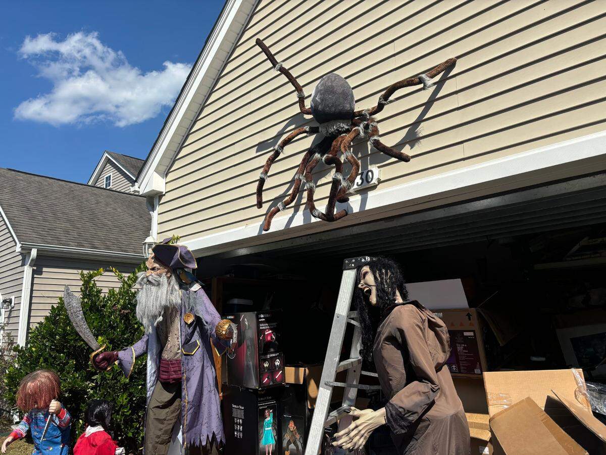 A view inside the Bodhi Pierce’s garage, where he stores most of his Halloween decorations. It’s filled to the brim with boxes.