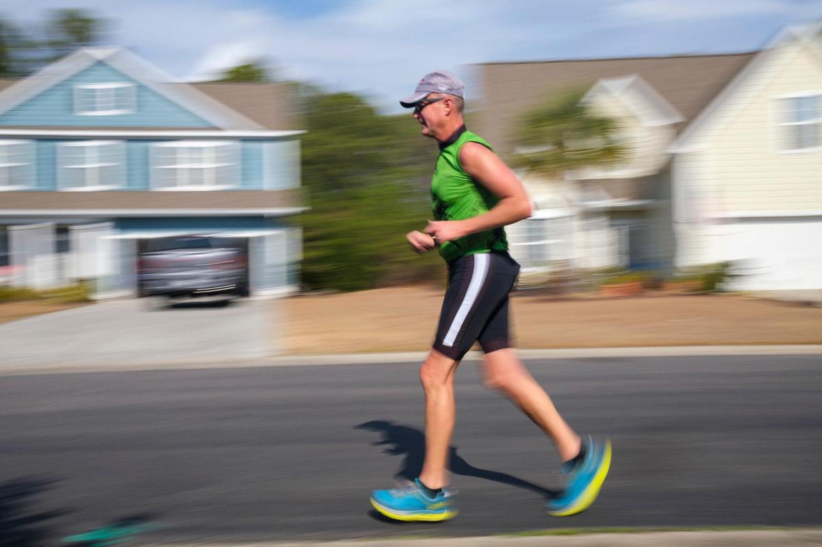Dr. James Mahaffey, age 64, of Surfside Beach, SC trains in preparation for the 2021 Ironman Triathlon World Championship to be held in St. George, Utah in May. The race will be Mahaffey’s 33rd full distance Ironman Triathlon, which consists of a 2.4 mile swim, 112 mile bike, and 26.2 mile marathon run. February 04, 2022.