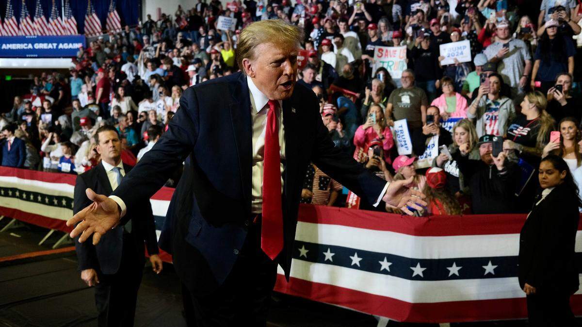 Former President Donald Trump leaves Coastal Carolina University’s HTC Center in Conway, SC, after delivering a nearly 2 1/2 speech to thousands. Feb. 10, 2024