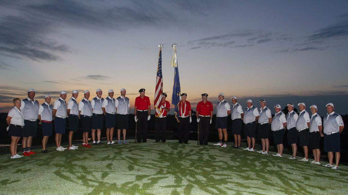The Myrtle Beach Patriots prepare to play a 100-hole golf marathon in September 2017 at Rivers Edge Golf Club in Shallotte, N.C., to raise money for the Folds of Honor Foundation.