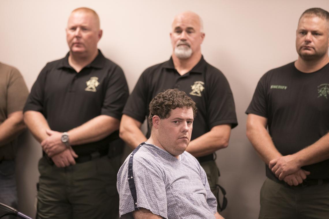 Seth David Hopkins, 28, appears for a bond hearing Oct. 5, 2018.  He is charged with criminal sexual conduct with a minor, second degree, while his father, Fred Hopkins Jr., is charged with one count of murder and six counts of attempted murder.