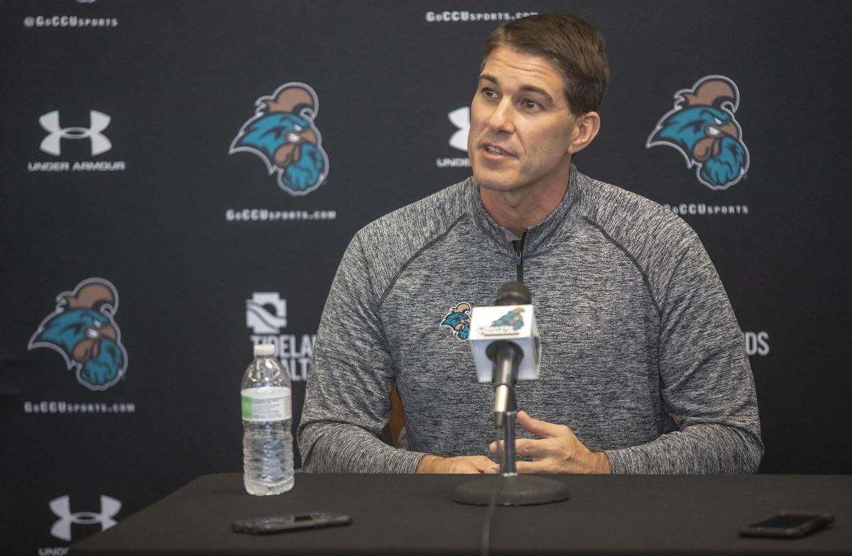 New CCU football coach Jamey Chadwell Joe Moglia speaks with the media Friday at Brooks Stadium in Conway. Former head coach Joe Moglia stepped down as heach coach after seven seasons at CCU.
