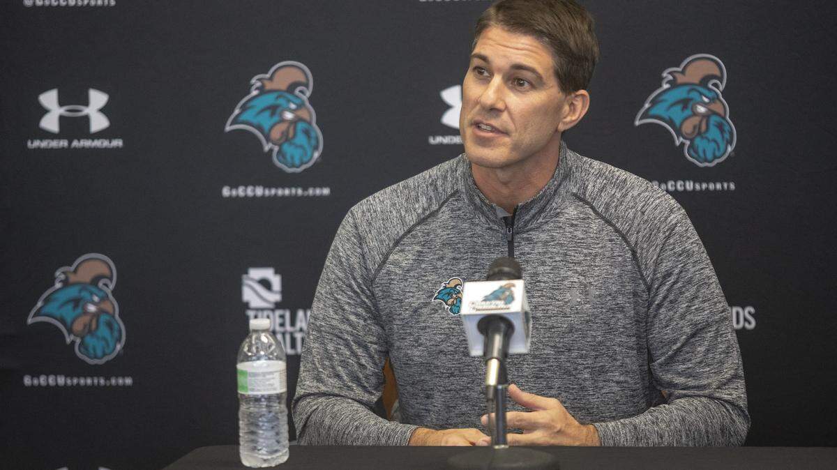 New CCU football coach Jamey Chadwell speaks with the media Friday at Brooks Stadium in Conway. Former head coach Joe Moglia stepped down as heach coach after seven seasons at CCU.