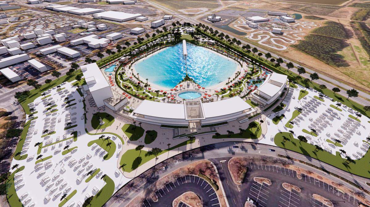 A rendering of an unnamed surf park resort that developers are planning to build on a 28-acre tract at Broadway at the Beach in Myrtle Beach at the corner of Highway 17 and 21st Avenue North.