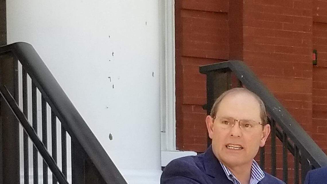 Chuck Canterbury, National President of the Fraternal Order of Police, speaks in front of the old Horry County Courthouse on Tuesday. His organization endorsed Johnny Gardner in the republican primary for Horry County Council Chair.