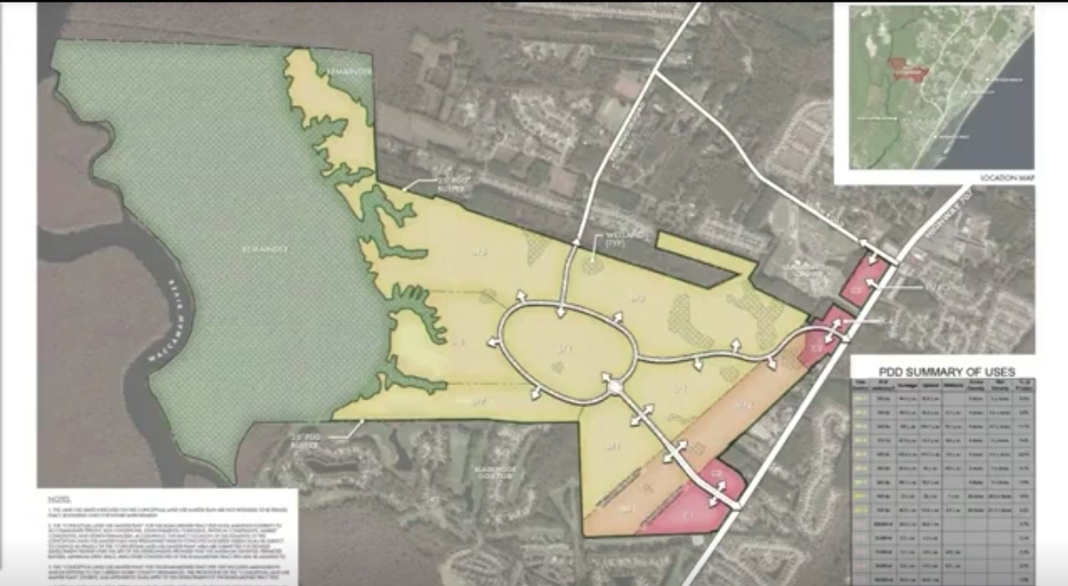 A preliminary drawing showing where on a 706-acre portion of the Bumgardner Tract commercial space, apartments and new homes would be built, as shown in Horry County Planning & Zoning records.