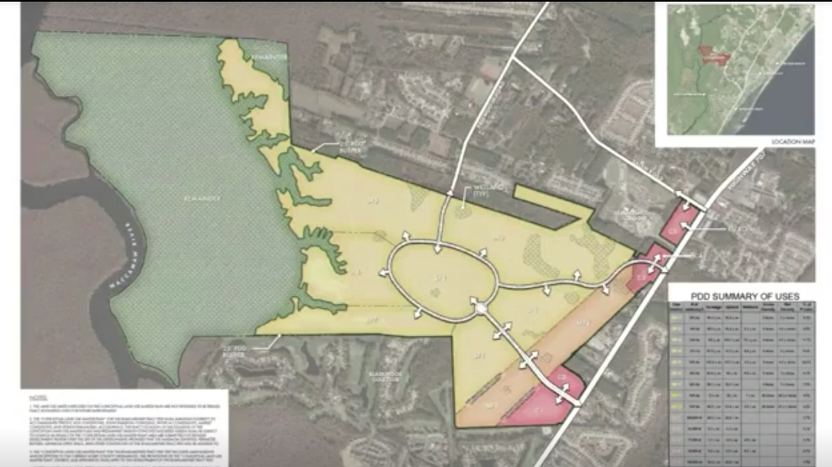 A preliminary drawing showing where on a 706-acre portion of the Bumgardner Tract commercial space, apartments and new homes would be built, as shown in Horry County Planning & Zoning records.