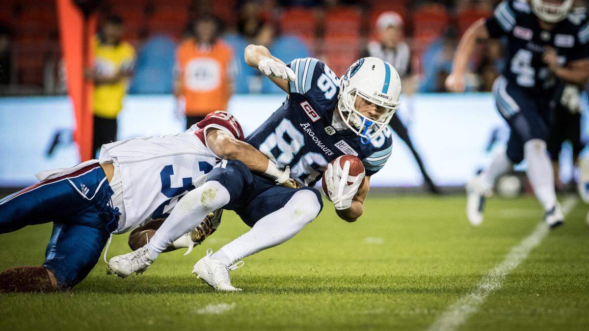 Cole Watson (86) during the game between the Montreal Alouettes and the Toronto Argonauts at BMO Field in Toronto, On., Thursday, June 8, 2017. (Photo: Johany Jutras)