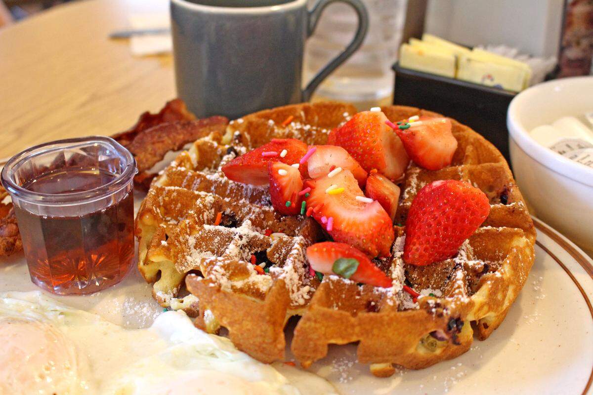 A waffle platter at Johnny D’s Waffles and Bakery.