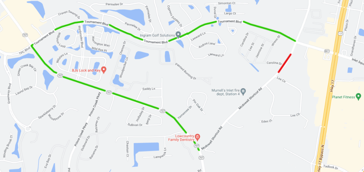 The red section is where McDowell Shortcut Road will be closed. The green section is the detour route.