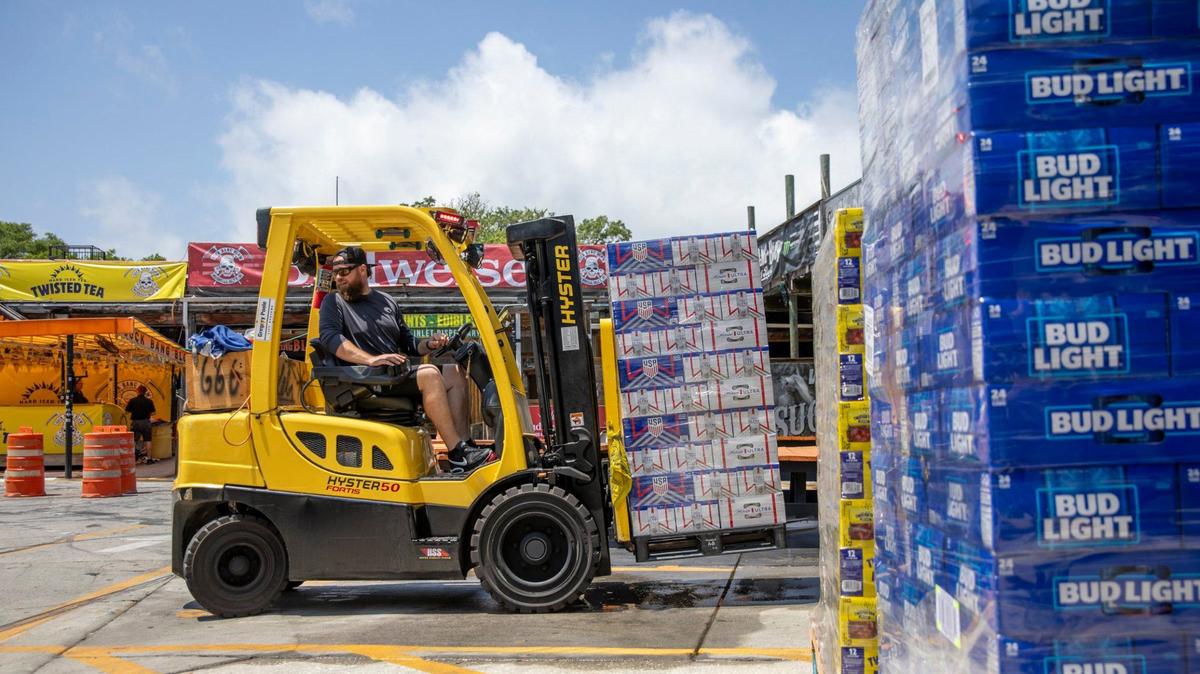 Workers are making preparations for thousands of bikers to arrive at Suck Bang Blow in Murrells Inlet, SC next week for the Myrtle Beach Spring Rally. May 7, 2024.
