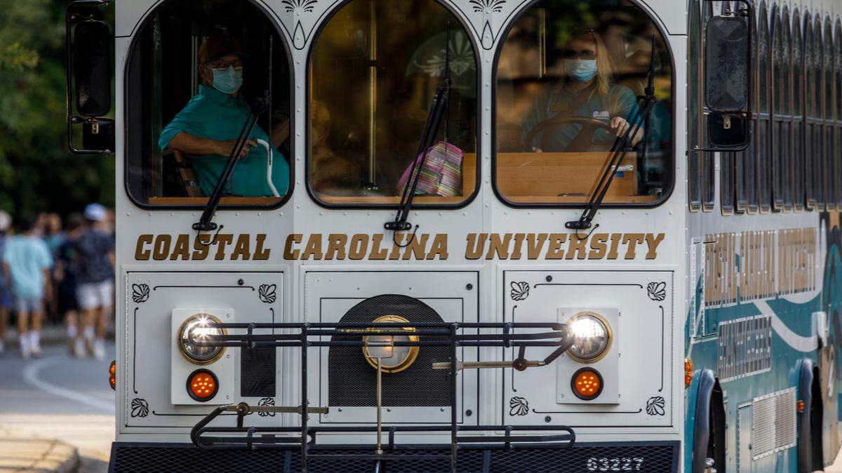 Coastal Carolina University bus shuttles fans to Brooks Stadium for game day. The Citadel in game one of the 2021-22 season. Aug. 11, 2021.