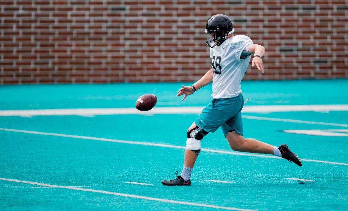 Coastal Carolina senior punter Charles Ouverson punts during practice at Brooks Stadium Tuesday afternoon. | August 25, 2020